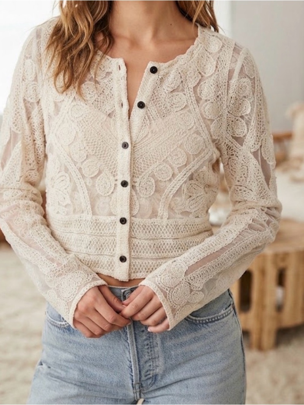 Ultra Pink Cream Crochet Button-Front Lace Cardigan